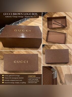 Gucci Brown Logo Box Vintage GG Storage Case Display Decor Organizer